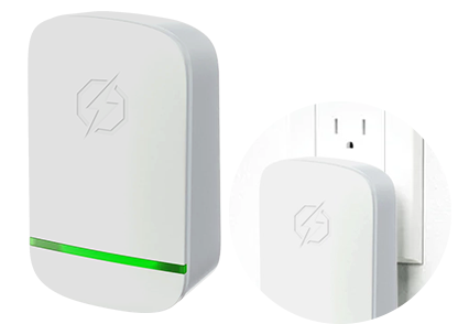 White StopWatt plug-in device with green indicator